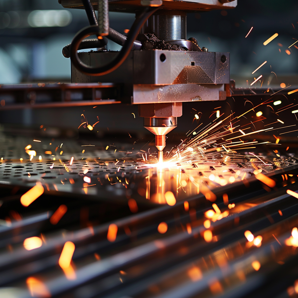 A precision laser cutting machine in operation, emitting bright sparks as it cuts through a metal sheet.